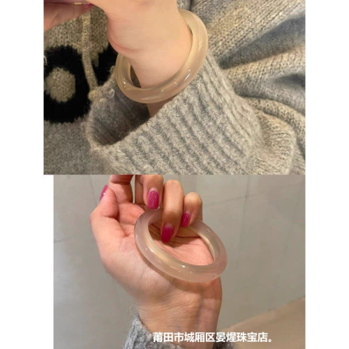 高冰瑪瑙手鐲少女款天然白冰玉髓鐲子馬料冰種白月光荔枝凍香檳色