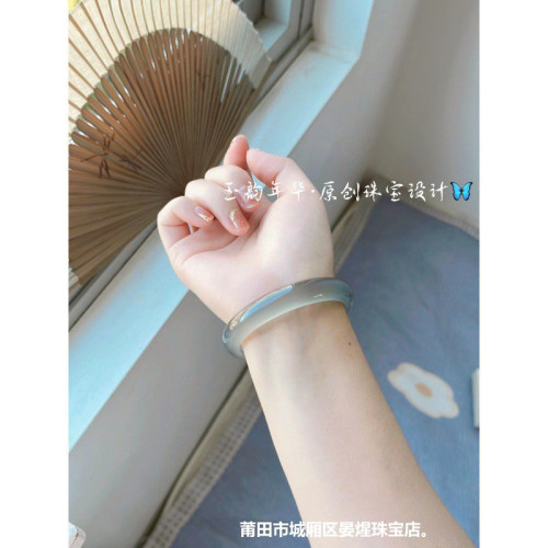 天然庫裡藍瑪瑙手鐲冰藍水白月光瑪瑙手鐲空青高冰透女款玉髓鐲子