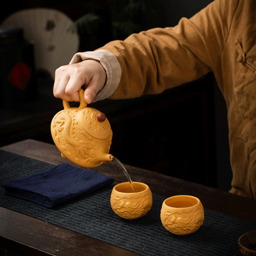 原鑛黃金段泥大師級宜興手工紫砂壺鳳鳴壺滿雕泡茶壺手抓壺茶具批