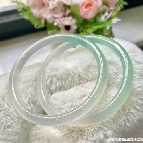 半山半水油青色漸變玉髓瑪瑙手鐲女細美人淺釉冰種叮噹鐲圓條手鐲