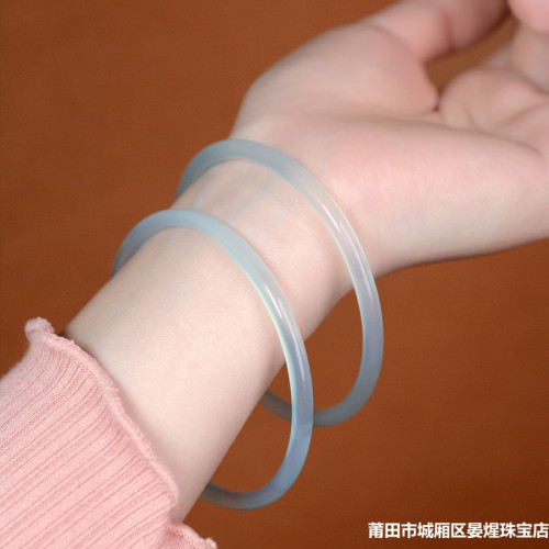 玉髓手鐲叮噹鐲女高冰瑪瑙鐲子一對古風少女禮物細圓條湖水藍鐲子