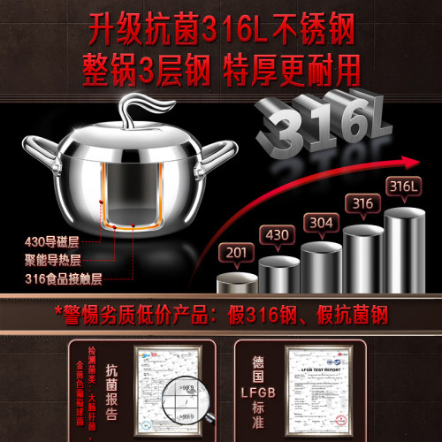 ssgp 316不鏽鋼湯鍋電磁爐煮鍋帶蒸格雙耳煲湯鍋廚房家用大肚鍋