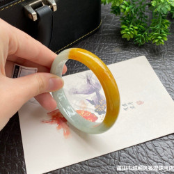 黃翡手鐲冰糯種翡翠手鐲子女款天然緬甸黃玉飄花半山水平安鐲送禮
