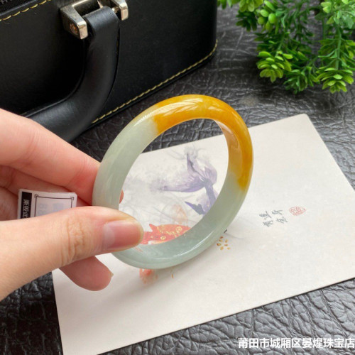 黃翡手鐲冰糯種翡翠手鐲子女款天然緬甸黃玉飄花半山水平安鐲送禮