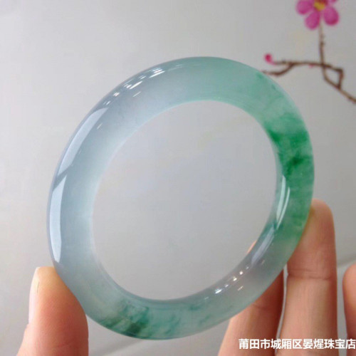 玉鐲天然緬甸冰種圓條飄花翡翠手鐲寬版玉手鐲子少女款時尚送禮物