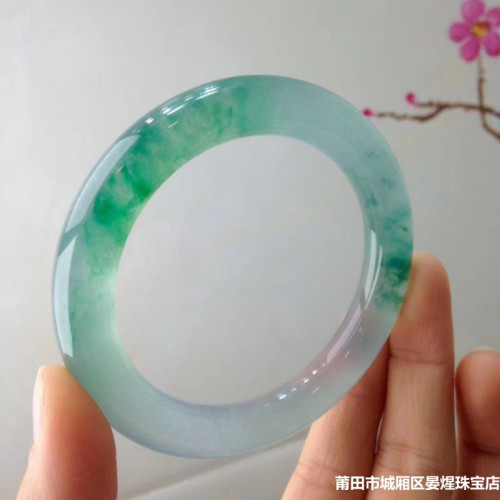 玉鐲天然緬甸冰種圓條飄花翡翠手鐲寬版玉手鐲子少女款時尚送禮物