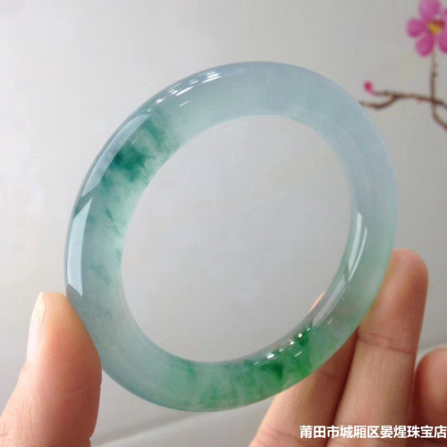 玉鐲天然緬甸冰種圓條飄花翡翠手鐲寬版玉手鐲子少女款時尚送禮物