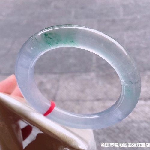 老坑冰種飄綠花圓條女款手鐲子緬甸天然翡翠手鐲春帶彩紫羅蘭飄花