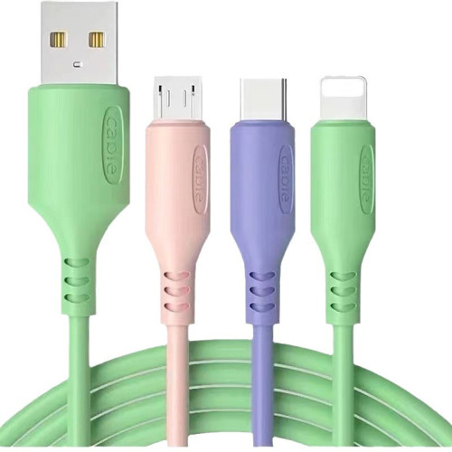 液態三色彩色一拖三手機數據線快充三合一軟膠充電線TC安卓平果