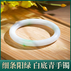 緬甸鑛區天然老坑陽綠白底青翡翠手鐲細圓條女款叮噹鐲翡翠玉手鐲