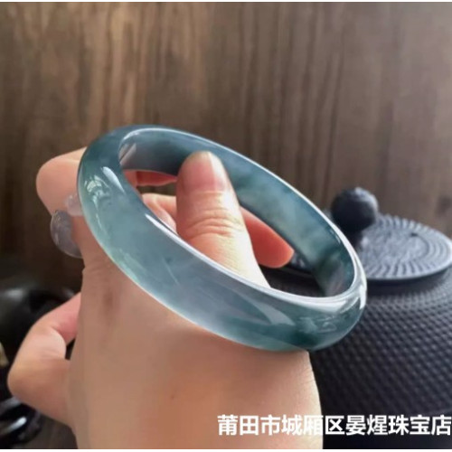 天然緬甸翡翠手鐲女冰種晴水老藍水玉鐲子顯白扁條翡翠平安鐲小衆