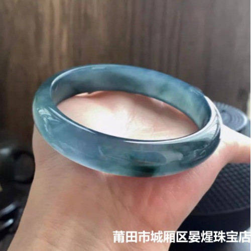 天然緬甸翡翠手鐲女冰種晴水老藍水玉鐲子顯白扁條翡翠平安鐲小衆