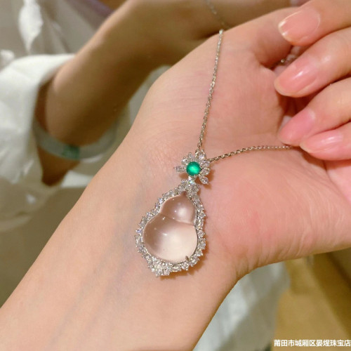 緬甸老坑翡翠吊墜白冰白玻璃種飄花葫蘆鑲嵌玉墜翡翠掛件男女士款