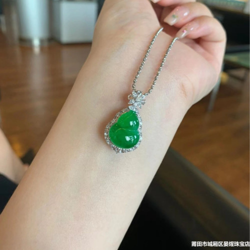 天然緬甸老坑翡翠葫蘆吊墜冰種滿陽綠葫蘆925銀鑲嵌葫蘆吊墜男女