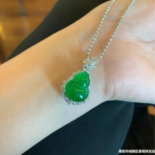 天然緬甸老坑翡翠葫蘆吊墜冰種滿陽綠葫蘆925銀鑲嵌葫蘆吊墜男女
