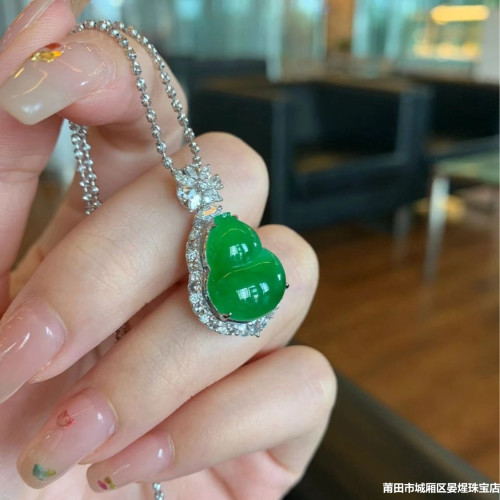 天然緬甸老坑翡翠葫蘆吊墜冰種滿陽綠葫蘆925銀鑲嵌葫蘆吊墜男女
