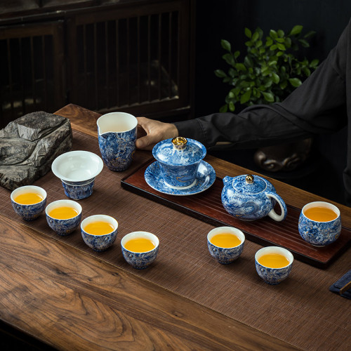 正版高端純手工掐絲銀龍功夫茶具套裝琺瑯彩羊脂玉懸停蓋碗鳳鳴壺