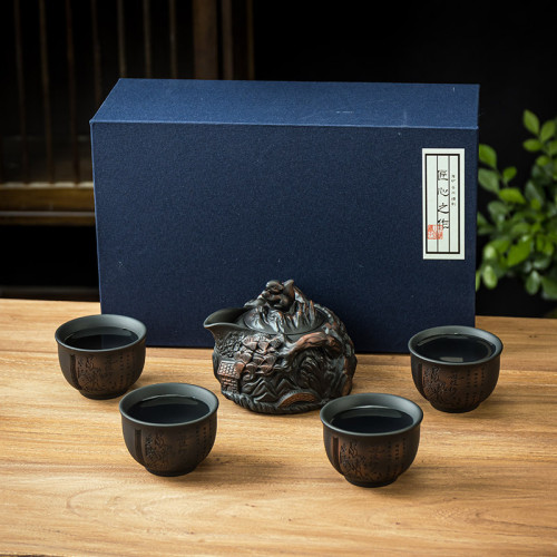 滿工雕刻紫陶西施美人壺旅行茶具紫砂壺純手工便攜高端禮盒手抓壺