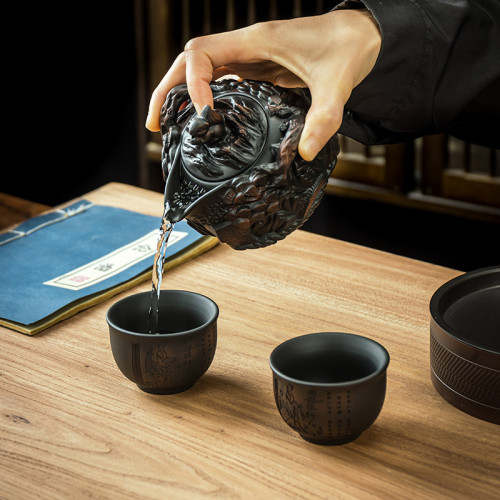 滿工雕刻紫陶西施美人壺旅行茶具紫砂壺純手工便攜高端禮盒手抓壺