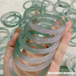 冰種半山半水細圓條玉髓手鐲女款天然玉石翡翠飄花色瑪瑙手鐲