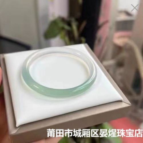 冰種半山半水細圓條玉髓手鐲女款天然玉石翡翠飄花色瑪瑙手鐲