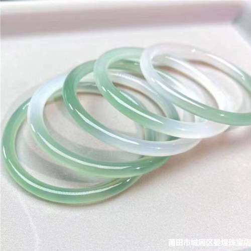 冰種半山半水細圓條玉髓手鐲女款天然玉石翡翠飄花色瑪瑙手鐲