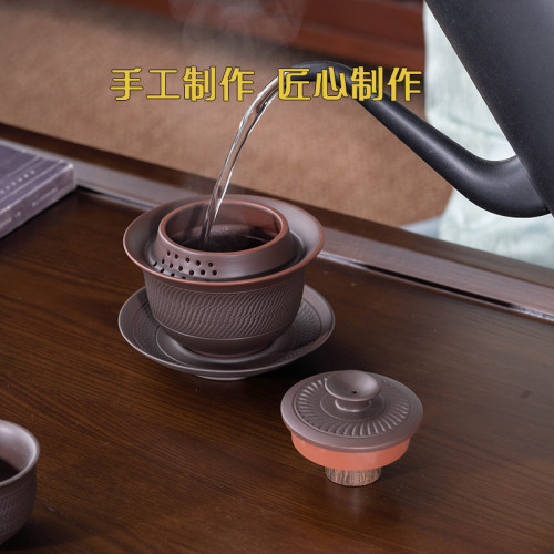 雲南手工跳刀三才蓋碗不燙手免提蓋碗紫陶茶具套組高端商務禮品批