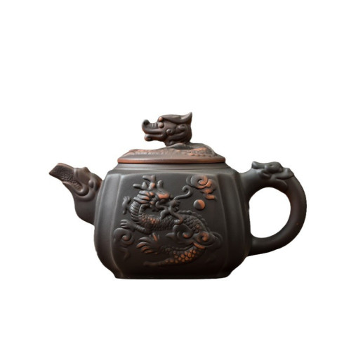 500cc名師手工浮雕紫陶四方龍尊紫砂壺鳳鳴壺一壺六盃斷水 泡茶壺