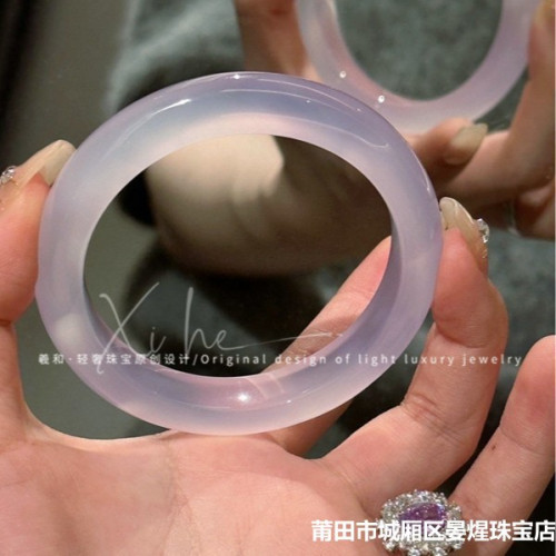 天然瑪瑙手鐲冰種玉髓手鐲少女款細紫羅蘭高冰玉髓紫色手鐲子送禮