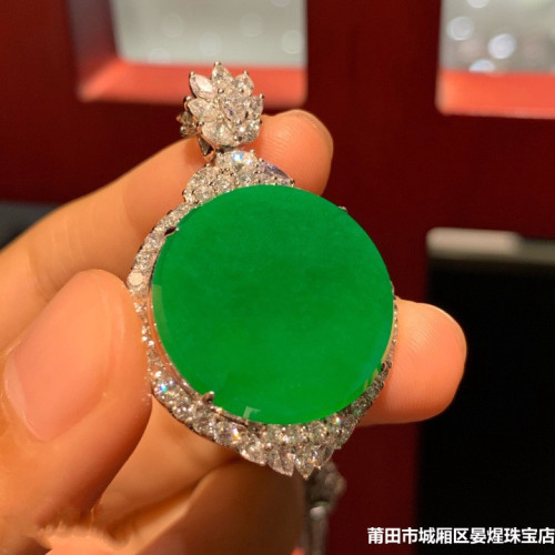 冰種翡翠玉吊墜無事牌圓牌吊墜正陽綠掛件女款鑲嵌天然緬甸送禮物