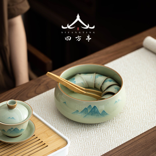 手繪釉下彩茶洗茶缸建水茶渣缸輕奢高檔茶盂水盂廢水茶具盆大號