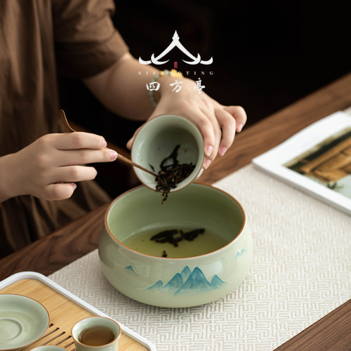 手繪釉下彩茶洗茶缸建水茶渣缸輕奢高檔茶盂水盂廢水茶具盆大號