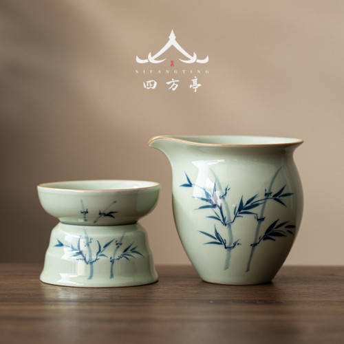 手繪釉下彩茶漏過濾器公道盃一體泡茶神器景德鎮茶葉濾網茶濾陶瓷