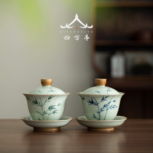 手繪釉下彩三才蓋碗單個高檔泡茶碗三件套景德鎮輕奢新款茶盃茶具
