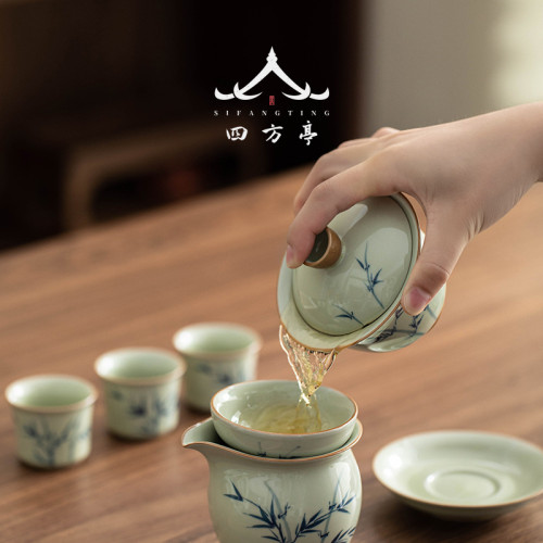 手繪釉下彩三才蓋碗單個高檔泡茶碗三件套景德鎮輕奢新款茶盃茶具