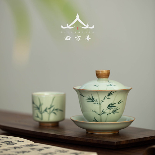 手繪釉下彩三才蓋碗單個高檔泡茶碗三件套景德鎮輕奢新款茶盃茶具