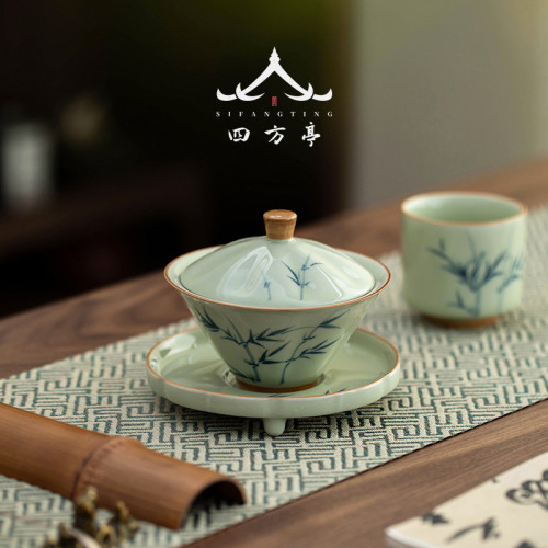 手繪釉下彩鬭笠蓋碗茶盃三才茶碗茶具高檔景德鎮2024新款單個泡茶
