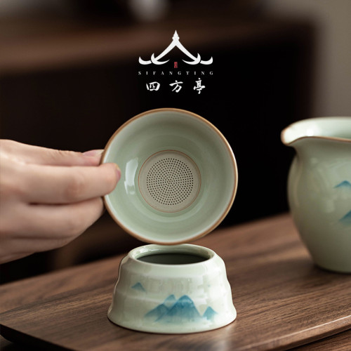 手繪釉下彩茶漏茶濾陶瓷公道盃茶濾網一體景德鎮過濾三件套新款