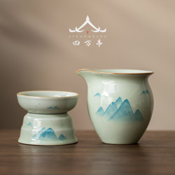 手繪釉下彩公道盃茶濾網一體2024新款陶瓷景德鎮分茶器茶盅三件套