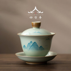 手繪釉下彩三才蓋碗單個高檔泡茶碗三件套景德鎮2024新款茶盃茶具