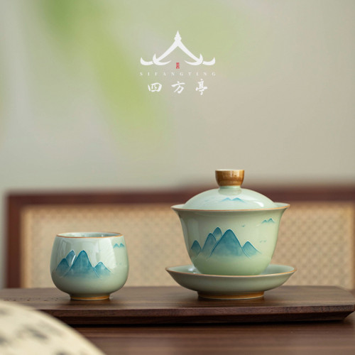 手繪釉下彩三才蓋碗單個高檔泡茶碗三件套景德鎮2024新款茶盃茶具