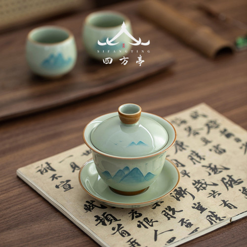 手繪釉下彩三才蓋碗單個高檔泡茶碗三件套景德鎮2024新款茶盃茶具