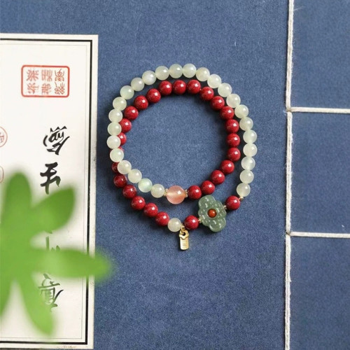 廠家批髮高含量紅硃砂雙圈手鏈和田玉蓮花手串抖音電商一件代髮