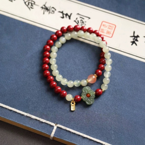 廠家批髮高含量紅硃砂雙圈手鏈和田玉蓮花手串抖音電商一件代髮