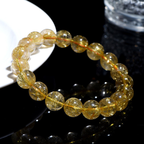 久雅水晶 天然金髮晶圓珠手鏈 黃色髮晶散珠手串 配珠 廠家直銷