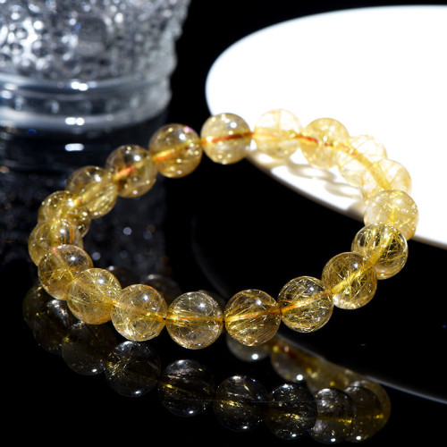 久雅水晶 天然金髮晶圓珠手鏈 黃色髮晶散珠手串 配珠 廠家直銷