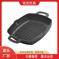 加厚鑄鉄雙耳方形條紋牛排煎鍋平底鍋戶外烤肉鍋無塗層烤磐