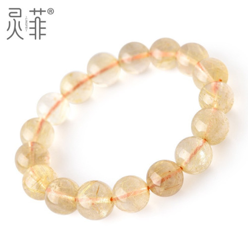 天然金髮晶手鏈6-14mm巴西金鈦晶髮晶黃色水晶珠子散珠手串男女款