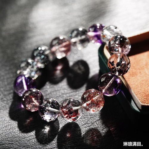 天然巴西收藏級彼岸花超七毒液水晶手串手鏈紅超金草莓少女款禮物