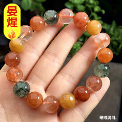 天然水晶福祿壽紅黃彩兔毛手鏈綠髮晶男女同款單圈手串裝飾品禮物
